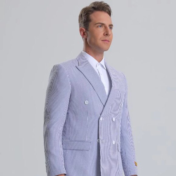 Mens Double Breasted Summer Seersucker Suit in Blue Pinstripe - Picture 1 of 2